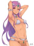  armpits arms_behind_head bad_id bad_pixiv_id bracelet breasts circlet cleavage dancer's_costume_(dq) dark_skin dragon_quest dragon_quest_iv earrings jewelry kaeru_otoko loincloth long_hair manya navel no_panties parted_lips pelvic_curtain purple_eyes purple_hair revealing_clothes sideboob small_breasts solo stomach 