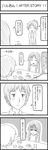  2girls 4koma akiyama_mio blush comic eating esuyuki greyscale highres hirasawa_ui k-on! kyon long_hair monochrome multiple_girls ponytail short_hair suzumiya_haruhi_no_yuuutsu translation_request 