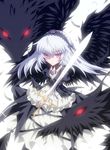  bird_wings black_wings detached_collar dress feathers flower frilled_sleeves frills gothic_lolita lolita_fashion long_hair looking_at_viewer pink_eyes rie_(minori) rose rozen_maiden silver_hair solo suigintou sword tsurime weapon wings 