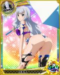  artist_request ass bishop_(chess) blue_background card_(medium) character_name chess_piece grey_eyes grey_hair hanakai_momo high_school_dxd long_hair official_art race_queen silver_hair solo thighhighs torn_clothes trading_card wavy_hair 