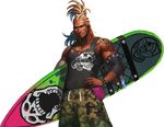  alternate_costume artist_request beard blonde_hair bracelet cedric_(chaos_online) chaos_online cornrows cowboy_shot cross cross_necklace earrings facial_hair facial_tattoo green_eyes hand_on_hip highres jewelry looking_at_viewer male_focus muscle necklace official_art parted_lips pectorals ring skull solo surfboard tank_top tattoo transparent_background 