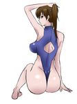  ass breasts brown_eyes brown_hair from_behind highleg highleg_swimsuit highres kaga_(kantai_collection) kagemusha kantai_collection large_breasts looking_at_viewer looking_back one-piece_swimsuit one-piece_thong ponytail simple_background sitting solo swimsuit white_background 