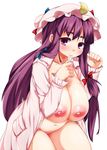  bad_id bad_pixiv_id blush bottomless breasts condom condom_in_mouth crescent hat huge_breasts long_hair mouth_hold naked_shirt navel nipples patchouli_knowledge plump purple_eyes purple_hair raiden_(raiden_labo) shirt simple_background solo touhou white_background 