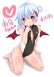  alternate_hairstyle bat_wings black_swimsuit blue_hair blush front_zipper_swimsuit hair_bun hair_ornament hairclip highleg highleg_swimsuit meme_attire nyt_(nagane) one-piece_swimsuit red_eyes remilia_scarlet sitting smile solo swimsuit tongue tongue_out touhou unzipped wariza wings zipper 