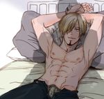  blonde_hair bound bound_wrists cuffs facial_hair goatee handcuffed handcuffs male male_focus one_piece sanji silhouette solo topless 