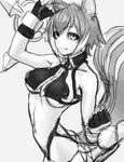  1girl ahoge animal_ears arm_up armpits artist_request ass blazblue breasts curvy female gishu hetero looking_at_viewer makoto_nanaya midriff miniskirt monochrome navel panties parted_lips rocks short_hair skirt smile solo squirrel_ears squirrel_tail tail thick_thighs thighhighs tonfa two-tone_hair underboob underwear wide_hips 