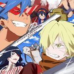  3boys adiane animalization clenched_teeth enki_(gurren_lagann) eyepatch horse kamina kamina_shades mizuki_kure multiple_boys sharp_teeth simon sword teeth tengen_toppa_gurren_lagann tengen_toppa_gurren_lagann:_parallel_works viral weapon 