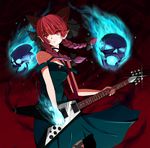  animal_ears bare_shoulders braid cat_ears choker commentary_request dress electric_guitar extra_ears flying_v fuoco gibson guitar highres instrument kaenbyou_rin long_hair pointy_ears red_eyes red_hair skull solo touhou twin_braids 