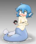  animal_ears areola_slip areolae blue_eyes blue_hair blush breasts embarrassed head_fins highres medium_breasts mermaid monster_girl multiple_girls navel nude open_mouth shameimaru_aya short_hair smile solo_focus suwa_yasai touhou wakasagihime 