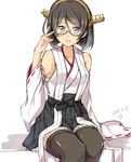  bare_shoulders black_skirt blush detached_sleeves glasses green-framed_eyewear grey_eyes grey_hair hairband headgear jiino kantai_collection kirishima_(kantai_collection) no_legwear nontraditional_miko open_mouth pleated_skirt ribbon-trimmed_sleeves ribbon_trim short_hair simple_background sitting skirt solo thighhighs white_background 