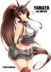  arms_behind_back breasts brown_hair cosplay harukon_(halcon) heart highres kantai_collection large_breasts long_hair microskirt mutsu_(kantai_collection) mutsu_(kantai_collection)_(cosplay) navel ponytail purple_eyes red_legwear simple_background skirt solo striped striped_legwear thighs very_long_hair white_background yamato_(kantai_collection) 