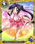  ;d black_hair bow breasts card_(medium) chess_piece hair_ribbon high_school_dxd idol king_(chess) large_breasts long_hair looking_at_viewer microphone midriff official_art one_eye_closed open_mouth purple_eyes ribbon serafall_leviathan skirt smile solo trading_card tsurime twintails v very_long_hair 