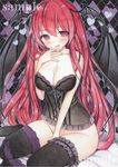  after_fellatio bat_wings black_legwear black_panties blush breasts camisole cleavage cum cum_on_body cum_on_breasts cum_on_upper_body finger_licking head_wings heart highres koakuma large_breasts leg_garter licking long_hair looking_at_viewer mugicha_(mugicha0929) multiple_wings panties panties_around_one_leg red_eyes red_hair sample sitting solo thighhighs tongue tongue_out touhou traditional_media underwear underwear_only wings 