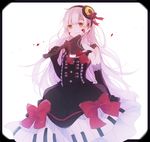  axe black_dress blood blood_on_face bow dress gloves gothic_lolita hairband kaneko_aaru lolita_fashion long_hair looking_at_viewer mayu_(vocaloid) smile solo vocaloid weapon white_hair yandere yellow_eyes 