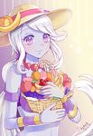  absurdres alternate_costume amiemie armband banana basket bikini_top food fruit grapes hat highres jewelry league_of_legends long_hair midriff necklace orange order_of_the_banana_soraka ponytail purple_eyes purple_skin solo soraka sun_hat very_long_hair white_hair 