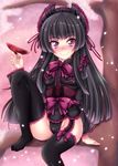  alcohol black_hair blush cherry_blossoms cup drunk gate_-_jieitai_ka_no_chi_nite_kaku_tatakaeri in_tree kizaki_yuuri long_hair pink purple_eyes rory_mercury sakazuki sake sitting sitting_in_tree smile solo thighhighs tree 