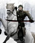  1boy alternate_costume epaulettes forest green_hair horse male male_focus military_uniform nature one-eyed one_piece riding roronoa_zoro saddle snow sword 