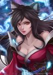  ahri animal_ears artist_name bare_shoulders black_hair breasts cleavage collarbone facebook_username fox_ears hitodama korean_clothes league_of_legends lips long_hair looking_at_viewer magion02 md5_mismatch medium_breasts nose parted_lips pink_lips signature solo teeth upper_body watermark web_address whisker_markings yellow_eyes 