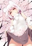  ^_^ animal_ears blush breasts cherry_blossoms closed_eyes detached_sleeves facing_viewer grin inubashiri_momiji no_hat no_headwear no_panties partially_visible_vulva petals pom_pom_(clothes) short_hair skirt skirt_basket skirt_lift small_breasts smile solo standing tera_zip touhou tree white_hair wolf_ears 