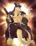  abs biceps black_fur black_hair blue_eyes captain_nikko claws clothing discordnight fur hair male mammal muscles necklace nipples pants pecs sergal smile standing teeth toned weapon white_fur 