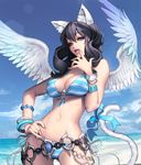  akasha_(chaos_online) animal_ears bangle beach bikini blue_eyes bracelet breasts card_(medium) cat_ears cat_tail chaos_online cloud contrapposto cowboy_shot day fingernails green_eyes hand_on_hip heterochromia jewelry large_breasts lens_flare long_fingernails long_hair looking_at_viewer love_cacao navel o-ring o-ring_top official_art outdoors parted_lips purple_hair sky solo standing swimsuit tail water wings 