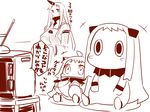  3girls apron blush_stickers borrowed_character commentary cosplay horns kantai_collection monochrome moomin multiple_girls muppo northern_ocean_hime northern_ocean_hime_(cosplay) sako_(bosscoffee) seaport_hime shinkaisei-kan simple_background television toy_airplane translated 