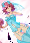  bare_shoulders blue_legwear blush bouquet bridal_veil bride bustier dress finger_to_mouth flower garter_straps highres looking_at_viewer momo_velia_deviluke panties pink_eyes pink_hair shiny shiny_clothes side-tie_panties solo tail thigh_gap thighhighs to_love-ru underwear veil wedding_dress z_-_chcrghan 