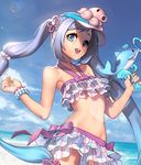  beach bikini bikini_skirt blue_eyes blue_hair bracelet chaos_online cloud cowboy_shot day dutch_angle flat_chest frilled_bikini frills gradient_hair jewelry lens_flare long_hair looking_at_viewer love_cacao multicolored_hair navel official_art open_mouth outdoors silver_hair sky smile solo swimsuit twintails tyria_(chaos_online) very_long_hair water water_gun 