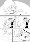  3girls :d child comic flandre_scarlet ghost greyscale hair_over_eyes happy hat monochrome multiple_girls o_o one_side_up open_mouth ponytail remilia_scarlet short_hair skirt skirt_set slit_pupils smile sonson_(eleven) stuffed_animal stuffed_toy teddy_bear touhou translated wings 