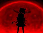  :d bow crazy_eyes crazy_smile dark flandre_scarlet frills hat hat_ribbon highres laevatein legs_apart moon one_eye_covered one_side_up open_mouth raspberyl_(artist) red red_eyes red_moon ribbon silhouette smile solo touhou weapon wings 