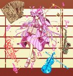  \m/ accordion beamed_eighth_notes book bracelet eighth_note hat holding instrument jewelry long_hair magic musical_note open_book patchouli_knowledge purple_eyes purple_hair quarter_rest sanshirou saxophone sheet_music solo staff_(music) touhou treble_clef trumpet violin wand 
