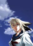  blonde_hair blue_eyes breasts cloud covered_nipples day glasses large_breasts lips long_hair multicolored_hair nose oono_hikaru school_uniform semi-rimless_eyewear serafuku sky solo take_on_me takemura_sesshuu two-tone_hair under-rim_eyewear 