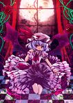  bat_wings capura_lin flower hat lavender_hair moon plant red_eyes remilia_scarlet rose short_hair solo touhou vines wings 