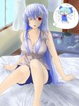  alternate_costume bad_id bad_pixiv_id bare_shoulders blue_hair breasts casual cirno cleavage contemporary highres imagining kamishirasawa_keine large_breasts long_hair mizuga one_eye_closed red_eyes room sitting solo sweat touhou translated 