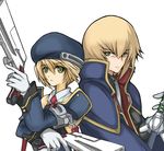  1girl beret blazblue blonde_hair bolverk detached_sleeves dual_wielding gloves green_eyes gun handgun hat holding jin_kisaragi kanten_(kanten328) necktie noel_vermillion short_hair sword uniform weapon white_gloves 