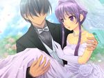  bride carrying clannad dress purple_eyes purple_hair violet_eyes wedding wedding_dress 