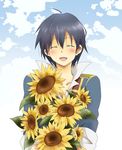  bad_id bad_pixiv_id blue_hair closed_eyes cloud day flower male_focus natsu_(360c) simon sky smile solo sunflower tengen_toppa_gurren_lagann 