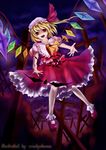  absurdres bad_id bad_pixiv_id blonde_hair bobby_socks cross empty_eyes fangs flandre_scarlet floating hat highres one_side_up open_mouth outstretched_arms outstretched_hand red_eyes short_hair smile socks solo touhou windyakuma wings 