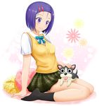  bad_id bad_pixiv_id blue_hair blush dog feet hair_ornament hairclip kinayuu kneeling marron_(to_love-ru) no_shoes plaid plaid_skirt purple_eyes sairenji_haruna school_uniform short_hair skirt socks solo to_love-ru 