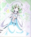  detached_sleeves frog_hair_ornament green_eyes green_hair hair_ornament kochiya_sanae long_sleeves looking_at_viewer maiku pentagram short_hair solo touhou 