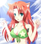  animal_ears bad_id bad_pixiv_id bikini blue_eyes braid breasts cat_ears cleavage day front-tie_top hong_meiling kemonomimi_mode large_breasts light_rays long_hair red_hair solo star sun sunbeam sunlight swimsuit touhou twin_braids yappen 