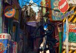  alley bad_id bad_pixiv_id bikini_top black_hair black_rock_shooter black_rock_shooter_(character) burning_eye cityscape glowing glowing_eye jacket long_hair midriff power_lines road_sign shorts sign solo tanjiu twintails 