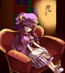  armchair bad_id bad_pixiv_id blush book bookshelf bow candle chair crescent hair_ribbon hat long_hair looking_at_viewer mikan_(ama_no_hakoniwa) patchouli_knowledge purple_eyes purple_hair ribbon sitting slippers solo touhou 