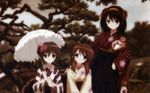  artist_request asahina_mikuru black_hakama hakama highres japanese_clothes meiji_schoolgirl_uniform multiple_girls nagato_yuki sepia short_hair smile suzumiya_haruhi suzumiya_haruhi_no_yuuutsu yagasuri 