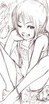  anklet barefoot copyright_request fangs feet greyscale grin inumaro_(inugoro) jewelry monochrome one_eye_closed ponytail sketch smile solo source_request teeth water 