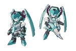  arms_at_sides clenched_hands flying gun hatsune_miku holding holding_gun holding_weapon mecha mechanization mobile_singer_vocalion multiple_views mutsuki_aki necktie no_humans robot simple_background standing vocaloid weapon white_background 