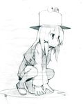  blue fuukadia_(narcolepsy) hat lily_pad monochrome moriya_suwako sketch solo squatting thighhighs touhou 