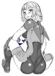  ass blush boots bottle final_fantasy final_fantasy_xii from_behind greyscale looking_back mizuryuu_kei monochrome penelo potion short_hair sitting sketch smile solo spot_color thigh_strap 
