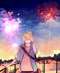  aerial_fireworks bad_id bad_pixiv_id blonde_hair casual cityscape closed_eyes fire_flower_(vocaloid) fireworks headphones hood hoodie kagamine_len male_focus mig_(36th_underground) night smile solo vocaloid 
