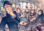  5girls adjusting_eyewear art_brush canvas_(object) clubroom dice dungeons_and_dragons easel glasses mechanical_pencil multiple_girls original paintbrush palette pencil plant playing_games potted_plant school school_uniform statue tabletop_rpg wooden_pencil yoshida_tooru 